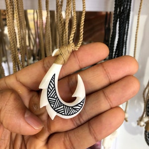 Stylized Maori Hawaiian Aged Bone Fish Hook Necklace With