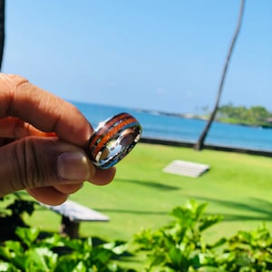 Koa wood wedding ring with abalone shell