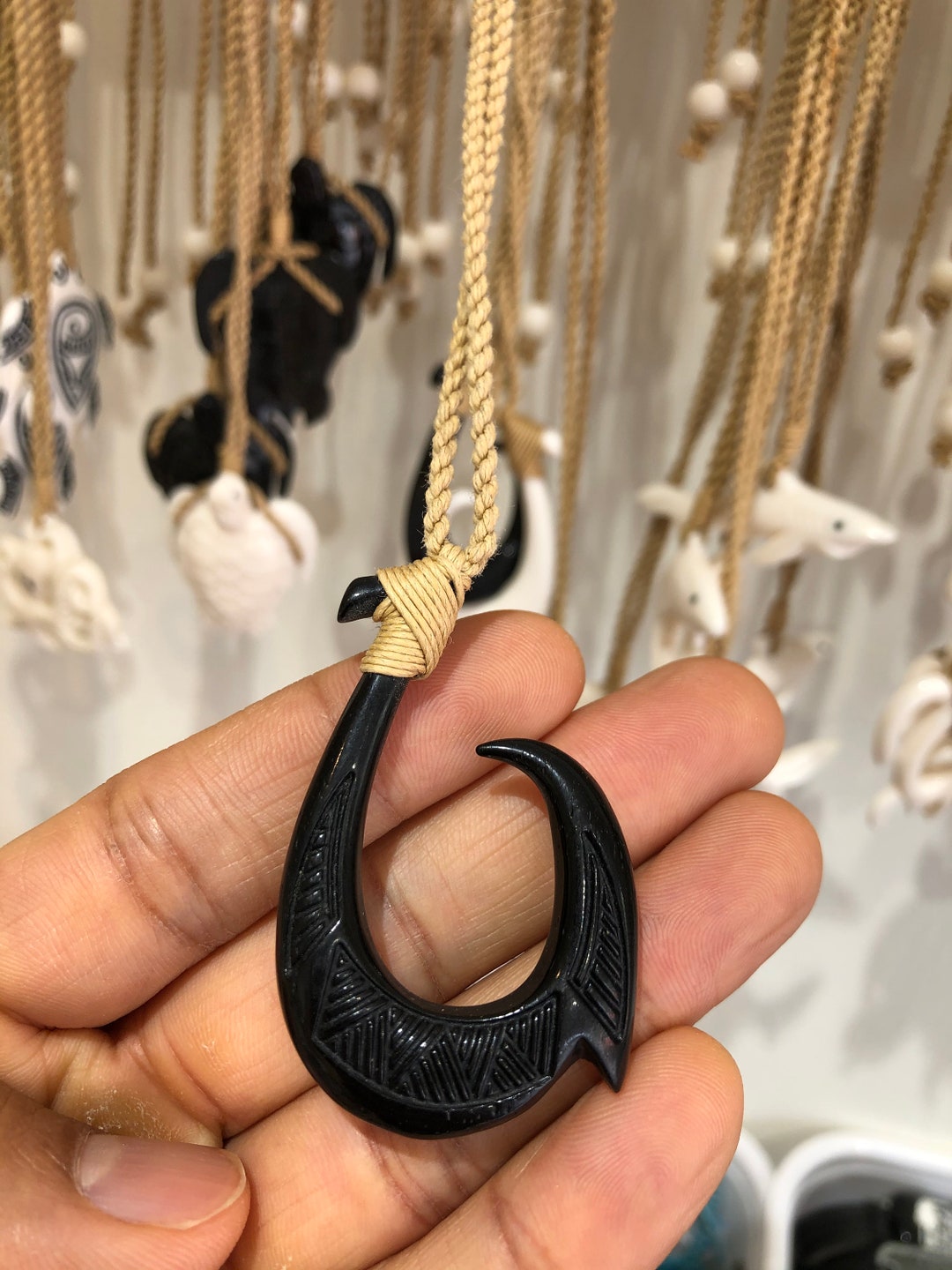 Adjustable Hawaiian Glossy Black Fish Hook Necklace From Hawaii 