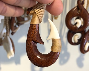 Adjustable Hawaiian Koa wood necklace fish hook