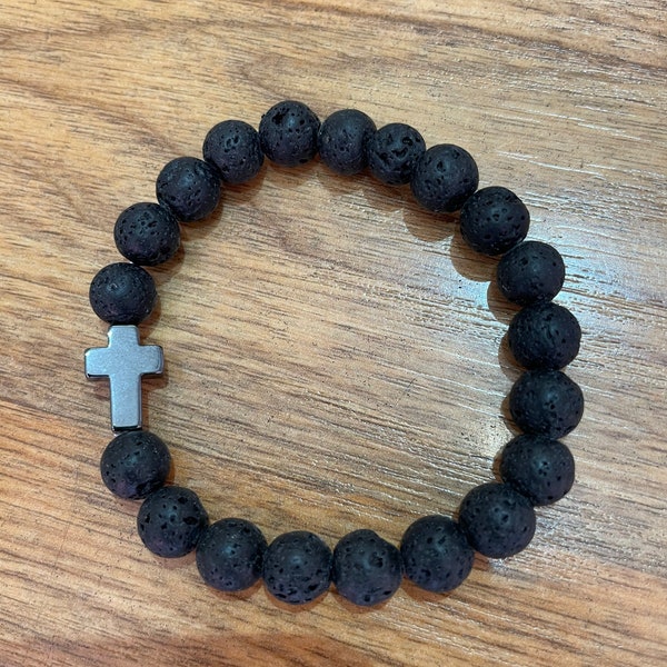 Lava stone bracelet w/Onyx cross charm