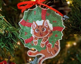 Décoration de sapin de Noël en bois avec chat et couronne en pain d'épice