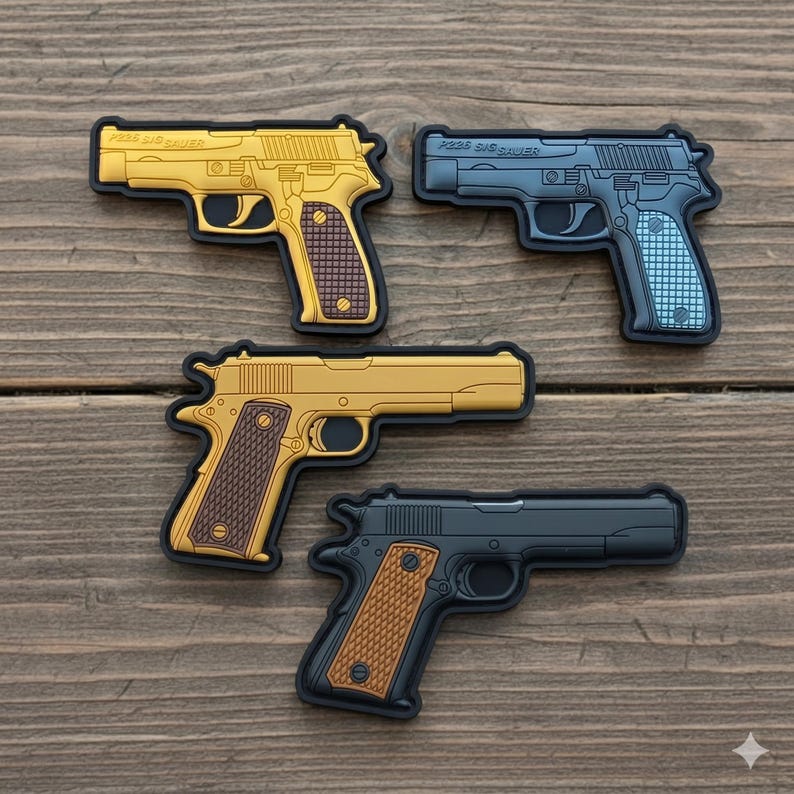 May include: Four toy gun patches in gold, blue, and black, with brown and blue grips. The patches are arranged on a wooden surface. Two patches are gold, one is blue, and one is black.
