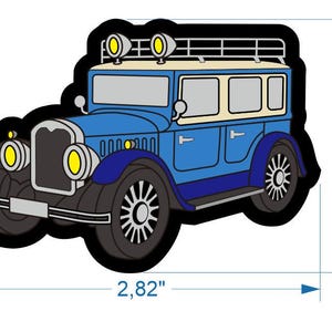 May include: A blue vintage car illustration with black outlines and accents. The car has a cream-colored roof, yellow headlights, and a luggage rack. The car measures 2.82 inches wide and 2.00 inches tall.