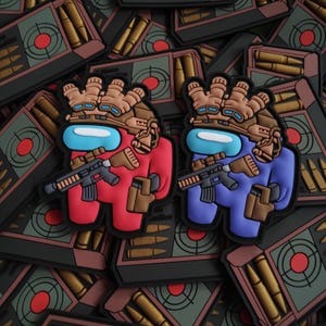 May include: Two Among Us characters wearing tactical gear and holding rifles. The character on the left is red and the character on the right is blue. They are both standing on a background of ammunition boxes.