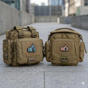 May include: Two tan tactical bags with multiple compartments and adjustable straps. Each bag features a rectangular patch with a thumbs-up design. One bag has a blue thumbs-up patch, and the other has a tan thumbs-up patch.