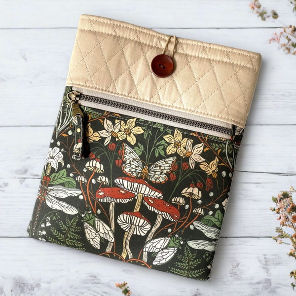 Padded Book Sleeve "Woodland Flora" Kindle Sleeve, Quilted Book Sleeve, Planner Pouch, E-reader Case, Gifts For Readerss, Dark Academia book