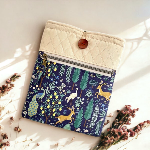 Padded Book Sleeve in Rifle Paper Co "Menagerie in Navy" Kindle Sleeve, Quilted Book Sleeve, E-reader Case, Gifts For Readers, Gift For Her