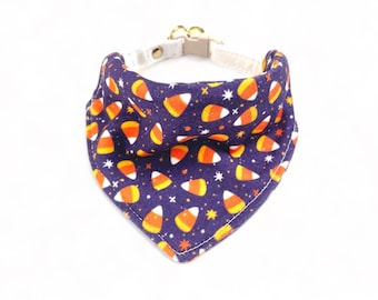 Cat Bandana "Candy Corn on Purple" Halloween Slide-On Bandana, Over The Collar Bandana, Bandana for Cats, Bandana for  Small Dogs
