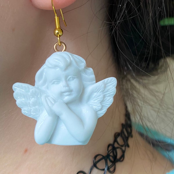 White Angel Earrings | Cherub Angel Statue | Angel Jewelry | Hypoallergenic Gold | Angel Dangle Earrings