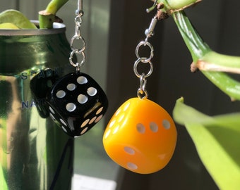 Mismatched Dice Charm Sterling Silver Hooks Dangle Earrings | Yellow and Black Mismatched Jewelry | Colorful Dice Jewelry