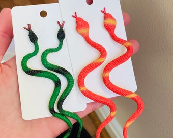 Snake Earrings | Green, Blue, Red, Purple | Stud Dangle Post Closure | Hypoallergenic | Rubber Snake | Lightweight Colorful Snake Jewelry