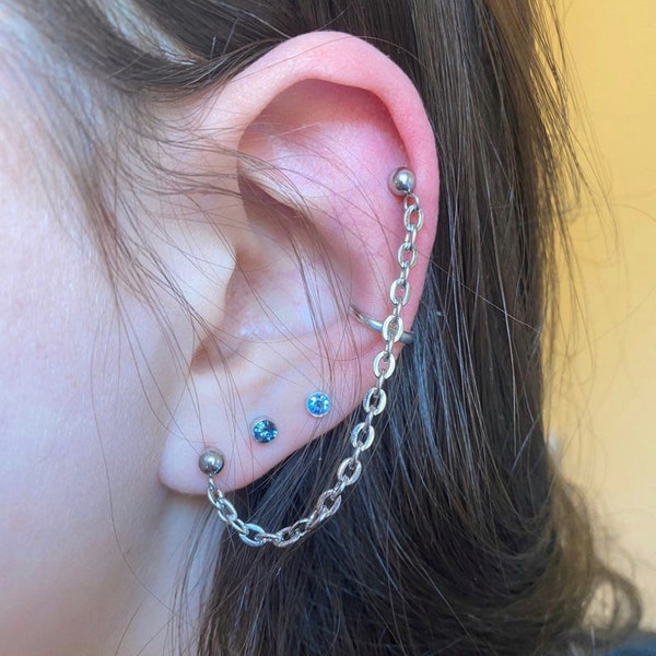 Silver & Gold Helix Chain Earring | Double Piercing Earring | Stud Cartilage Earlobe | Goth Edgy Earring | Custom Length | Stainless Steel