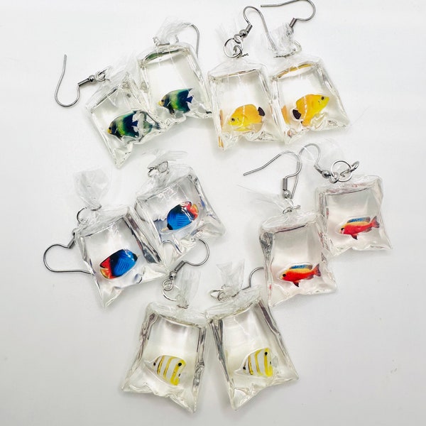 Quirky Fish in a Bag Dangle Earrings | Fun Unique Earrings | Sea Creature Jewelry | Colorful Fish Aquarium Earrings