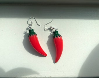 Red Chili Pepper Earrings | Hot Pepper Dangle Earrings | Hypoallergenic Sterling Silver | Nickel Free