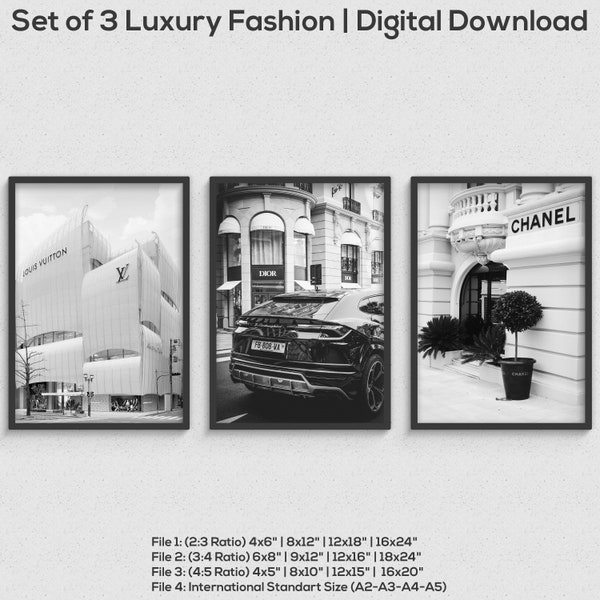 Affiche de mode de luxe, ensemble de 3, art mural pritable, affiche de créateur numérique, cadeaux verticaux minimalistes, photographie de style noir et blanc