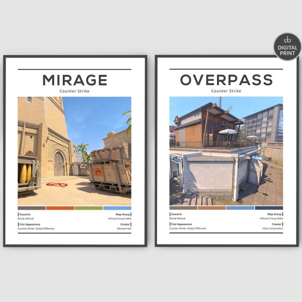 CS2 Mirage & Overpass Poster - Counter Strike Minimalistische vertikale Karte Poster Design, druckbares individuelles Geschenk, CSGO Spieldesign, Digitaldruck