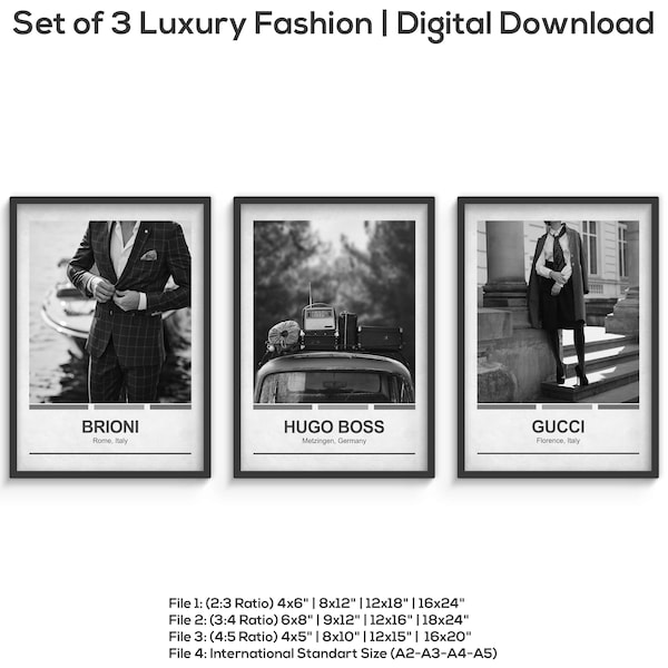 Ensemble de 3 affiches de mode de luxe, oeuvre d'art mural imprimable, affiche de designer numérique, cadeaux verticaux minimalistes, photographie de style noir et blanc