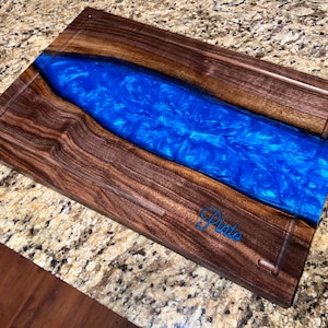 Handcrafted 18x12” Walnut & Blue Resin River Cutting Board with Juice Grooves Included • Custom Engraving / Personalization Included