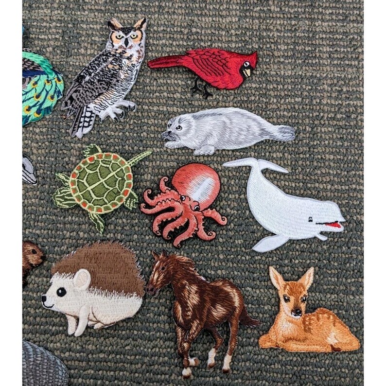 Lot of 16 Animal Appliques Iron on Patches Peacock Hedgehog Beluga Owl ...