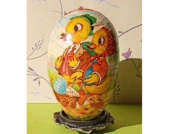 Vintage West German Paper Mache Easter Egg 3.5" Candy Box Duck Family Ducklings