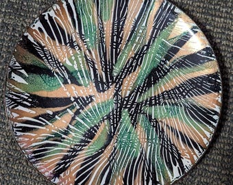Abstract Plate Enamel On Metal Painted Signed 6" Swirl Green Black Gold White