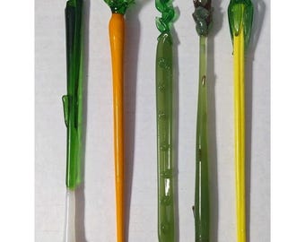 5 Vintage Crate & Barrel Vegetable Glass Swizzle Sticks Stirrers Cocktail Bar