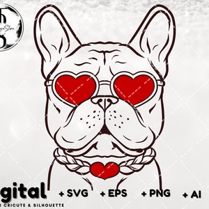 Óculos de sol Bulldog Francês Moldura Coração SVG feliz dia dos namorados SVG para Cricut e Silhueta