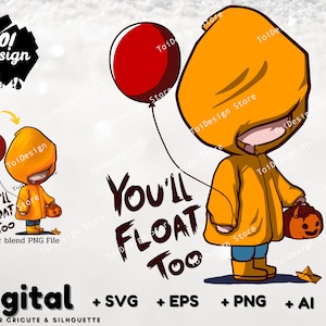 Könnte beinhalten: Eine digitale Illustration einer Comicfigur, die einen gelben Regenmantel trägt und eine Kürbislaterne hält. Die Figur steht vor dem Text "You'll Float Too".