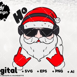 Puede incluir: Una ilustración digital de Papá Noel con gafas de sol y auriculares. Está haciendo el gesto de 'rock on' con ambas manos. El texto 'Ho' está por encima de él.