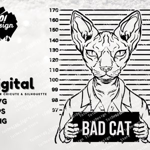 Sphynx Cat Svg, Bad Cat, archivo de corte de gato de la junta de la prisión para la silueta de imágenes prediseñadas de cricut