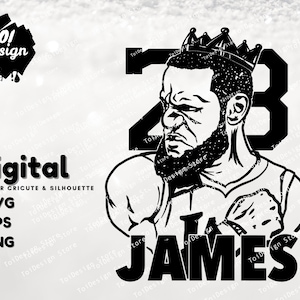 May include: Black and white digital illustration of a basketball player wearing a jersey with the number "23" and the name "JAMES" on it. The player is wearing a crown and has a serious expression on his face.