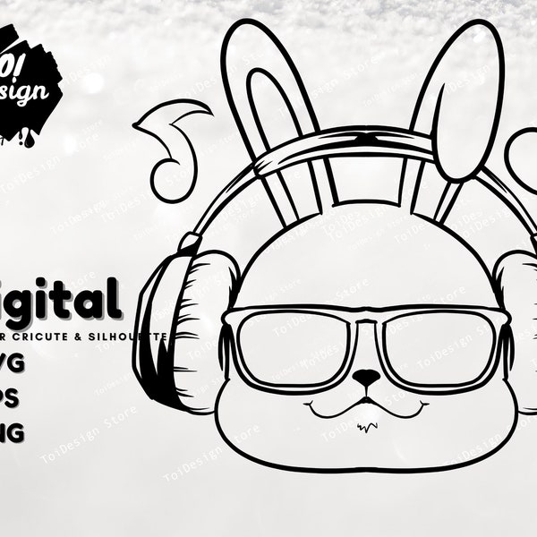 Rabbit with Headphones svg ,bunny Head print svg file, bunny with glasses svg Instant Download SVG Cut File for Cricut Clipart Silhouette