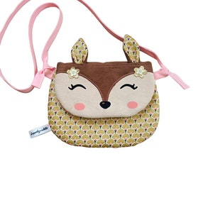 Personalisierte Umhängetasche für Mädchen, Modell Reh, Baumwolle und Öko-Tex-Wildleder