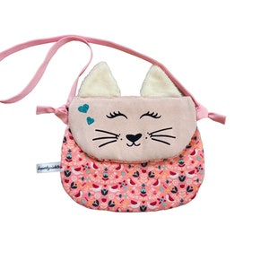 Personalisierte kleine Mädchenhandtasche, Katzenmodell, Wildleder und Öko-Tex-Baumwolle