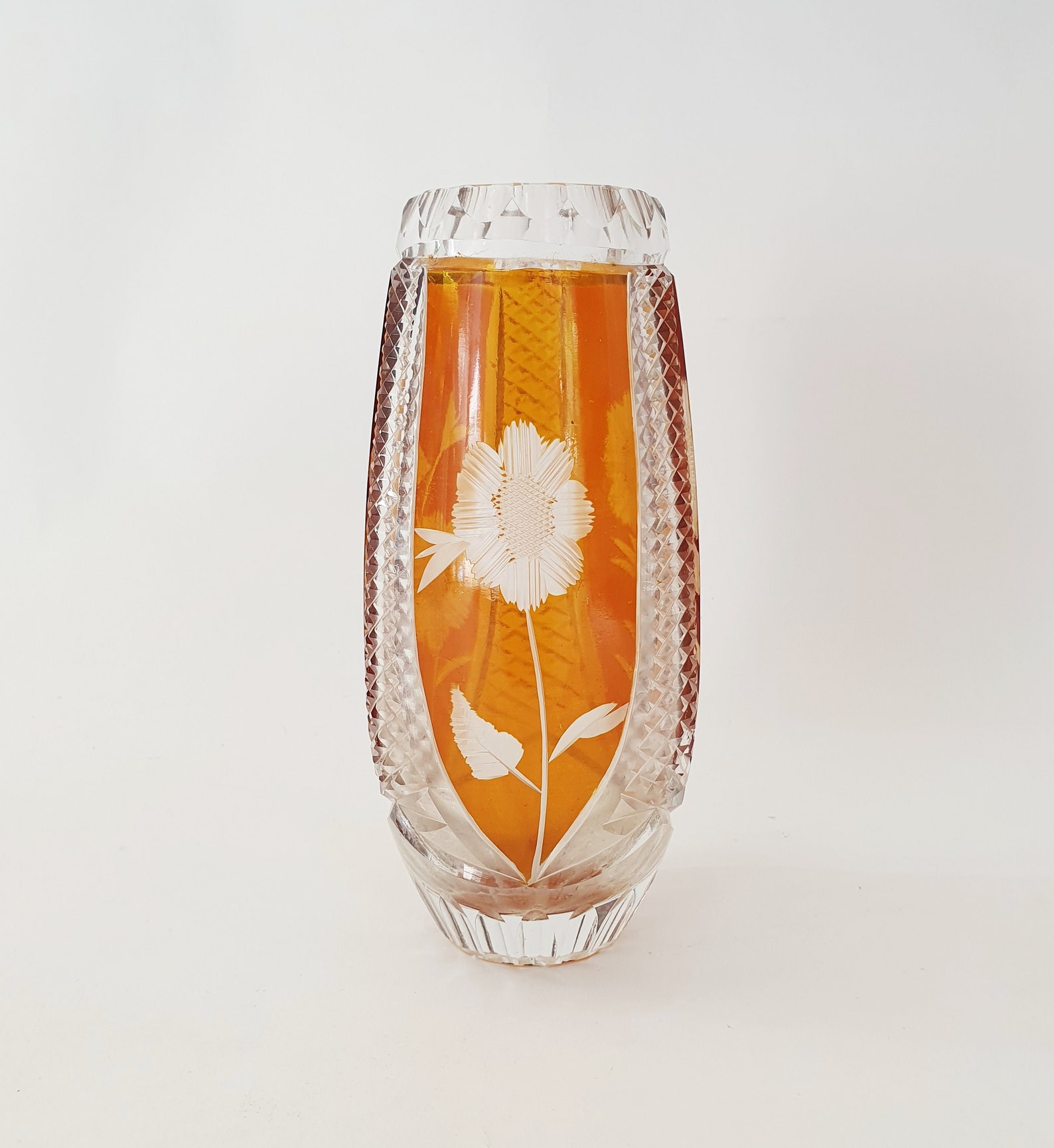 Vintage Bohemian Amber Cut Glass Vase With Flower Decoration Etsy