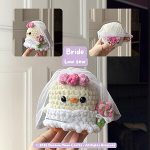 May include: A crocheted chick wearing a bridal veil and dress, holding a bouquet. The chick is cream-colored with a pink flower crown and a white veil. The text "Bride Low sew" is visible.