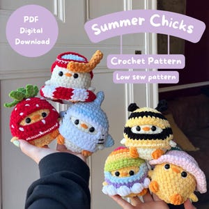 Könnte beinhalten: Ein Set mit sechs Häkelanleitungen für Amigurumi-Küken. Jedes Küken trägt ein anderes sommerliches Outfit, darunter eine Erdbeere, eine Haifischflosse, eine Biene, ein Regenbogen, ein Rettungsring und ein Sonnenhut. Die Anleitungen sind als digitales PDF-Download erhältlich. Der Text "Summer Chicks Crochet Pattern Low sew pattern" ist im Bild sichtbar.