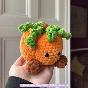 May include: An orange crocheted pumpkin with green vines and two brown, round accents. The plush pumpkin has black eyes and is handmade. The pumpkin is a fall-themed item.