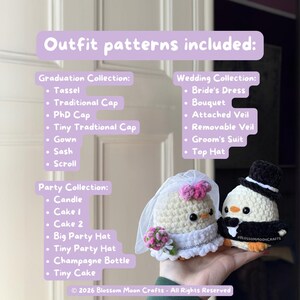 May include: Two crocheted penguin figures, one in a bride's dress with a veil and bouquet, the other in a groom's suit and top hat. The image includes a list of outfit patterns for graduation, wedding, and party collections.