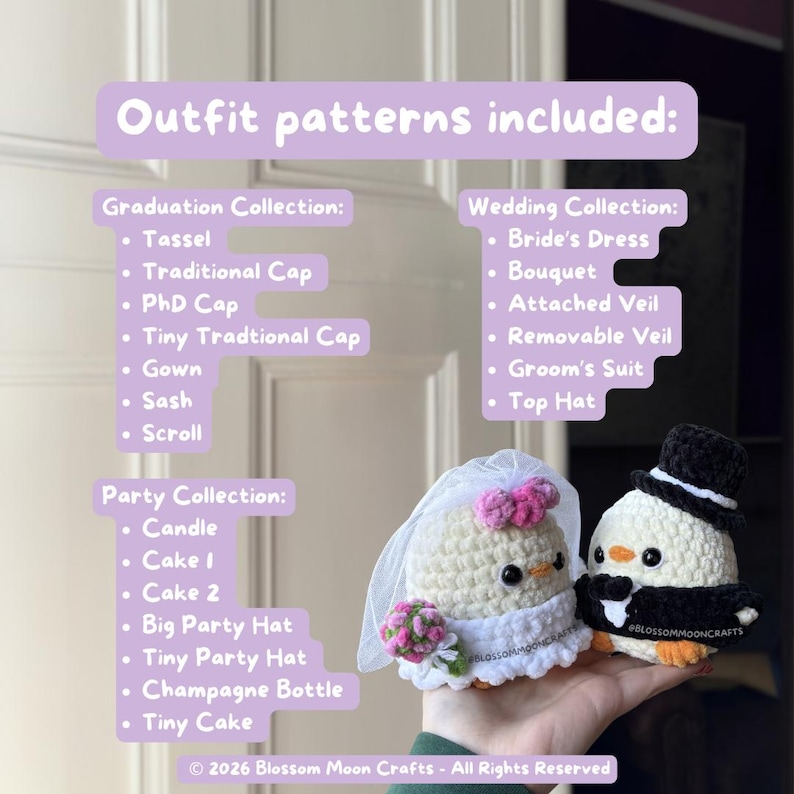 May include: Two crocheted penguin figures, one in a bride's dress with a veil and bouquet, the other in a groom's suit and top hat. The image includes a list of outfit patterns for graduation, wedding, and party collections.