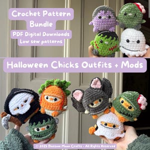 Kycklingar med Halloween-kläder + Halloween-kycklingmods Virkmönsterpaket - PDF-mönster - Low sew
