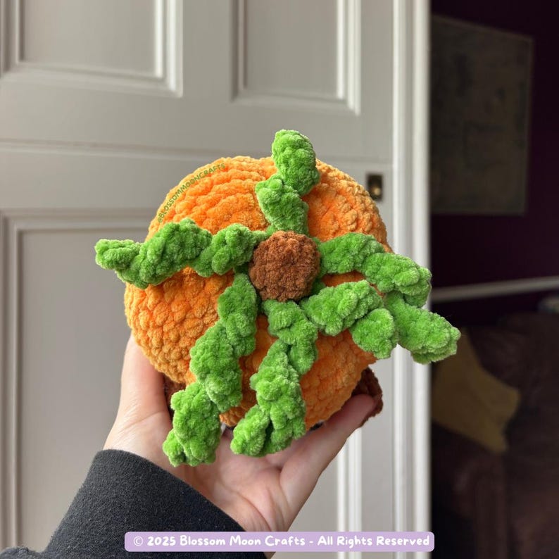 May include: A crocheted pumpkin with orange body, green leaves, and a brown stem. The pumpkin is round and plush, with a textured surface. The text "&copy; 2025 Blossom Moon Crafts - All Rights Reserved" is at the bottom.