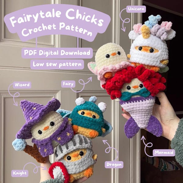 Patrones de crochet de pollitos con trajes de cuento de hadas - Patrones en PDF - Costura baja