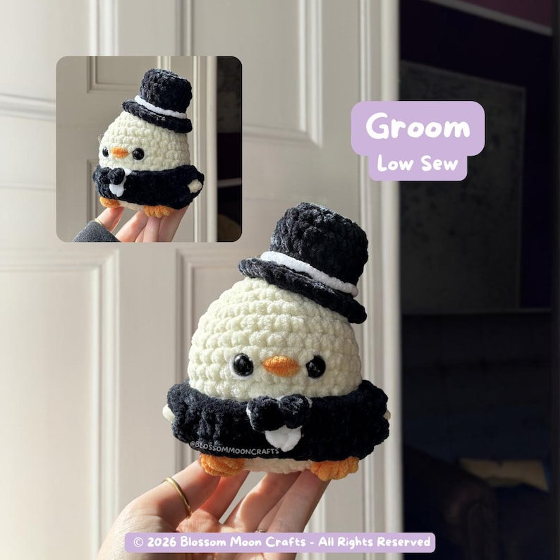 May include: A crocheted penguin wearing a black tuxedo, bow tie, and top hat. The penguin is white with black accents and orange feet and beak. The text "Groom Low Sew" is in a purple box. The image also includes the text "&copy; 2026 Blossom Moon Crafts - All Rights Reserved."