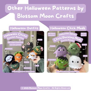 May include: A promotional image for Blossom Moon Crafts featuring crochet patterns for Halloween-themed chicks and ducklings. The image showcases various designs, including zombie, vampire, and ghost characters. Text includes "Halloween Outfits" and "Halloween Chick Mods."