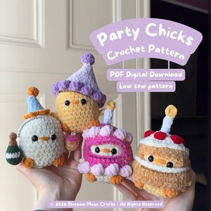 May include: A collection of four crocheted chicks, each with unique party-themed designs. One chick holds a champagne bottle, while others wear party hats or are designed as cupcakes. The image includes text that reads "Party Chicks Crochet Pattern".