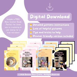 May include: Digital download featuring crochet patterns for chick and duckling outfits. Includes a free basic crochet guide, detailed instructions, helpful pictures, tips, and a printer-friendly version. The image shows several pattern covers with different outfit themes.
