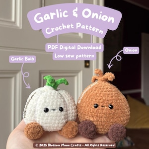 May include: Two crocheted vegetable plushies: a white garlic bulb and a brown onion, each with a smiling face. The image includes text: "Garlic & Onion Crochet Pattern" and "PDF Digital Download".