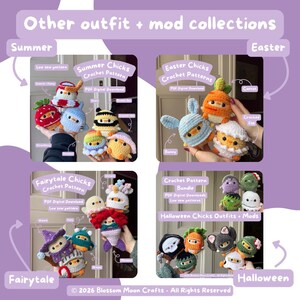 May include: Image featuring crochet patterns for chick outfits. The image is divided into four sections: Summer, Easter, Fairytale, and Halloween. Each section showcases various chick designs, including a strawberry, bunny, carrot, and witch.